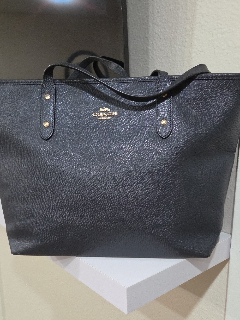 Coach Black Leather Tote with Gold Logo Accent